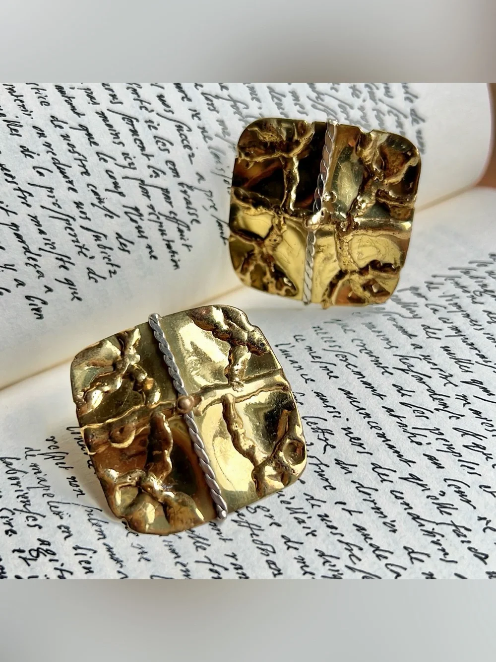 Vintage Luciani Gold Plated Textured Silvertone accents Statement square Earring